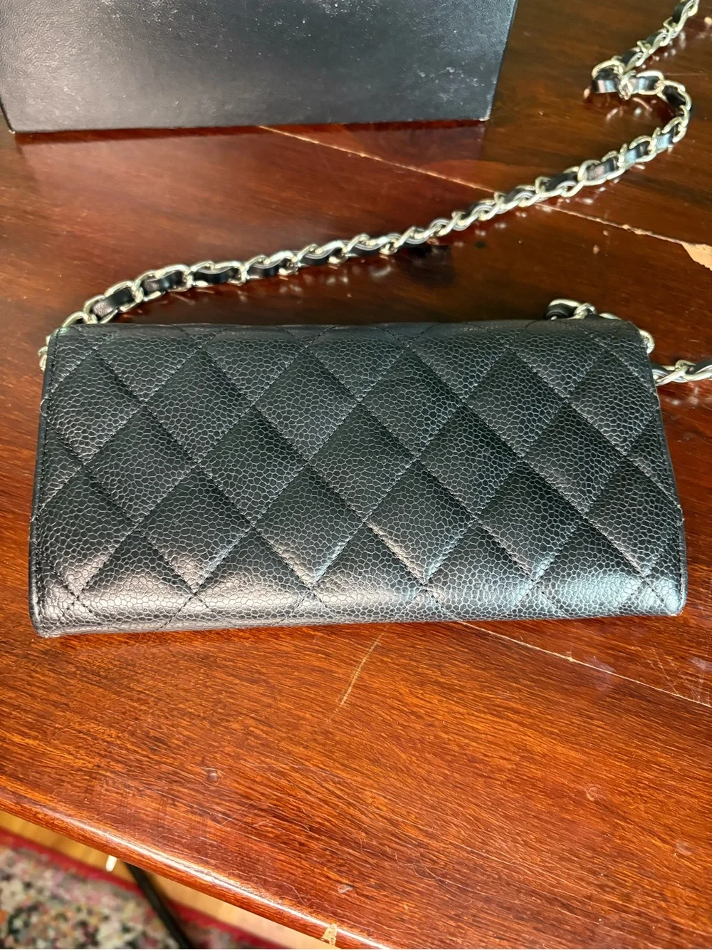CHANEL Black Quilted Silver Hardware Wallet with Added Chain
